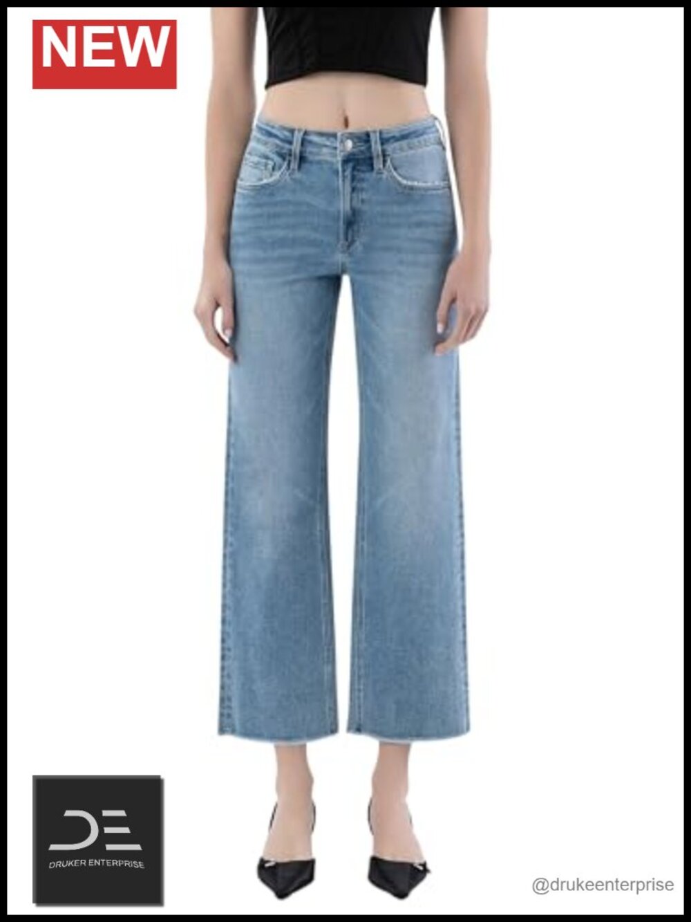 High Rise Ankle Slim Wide Jeans Stretchy Denim Machine Wash